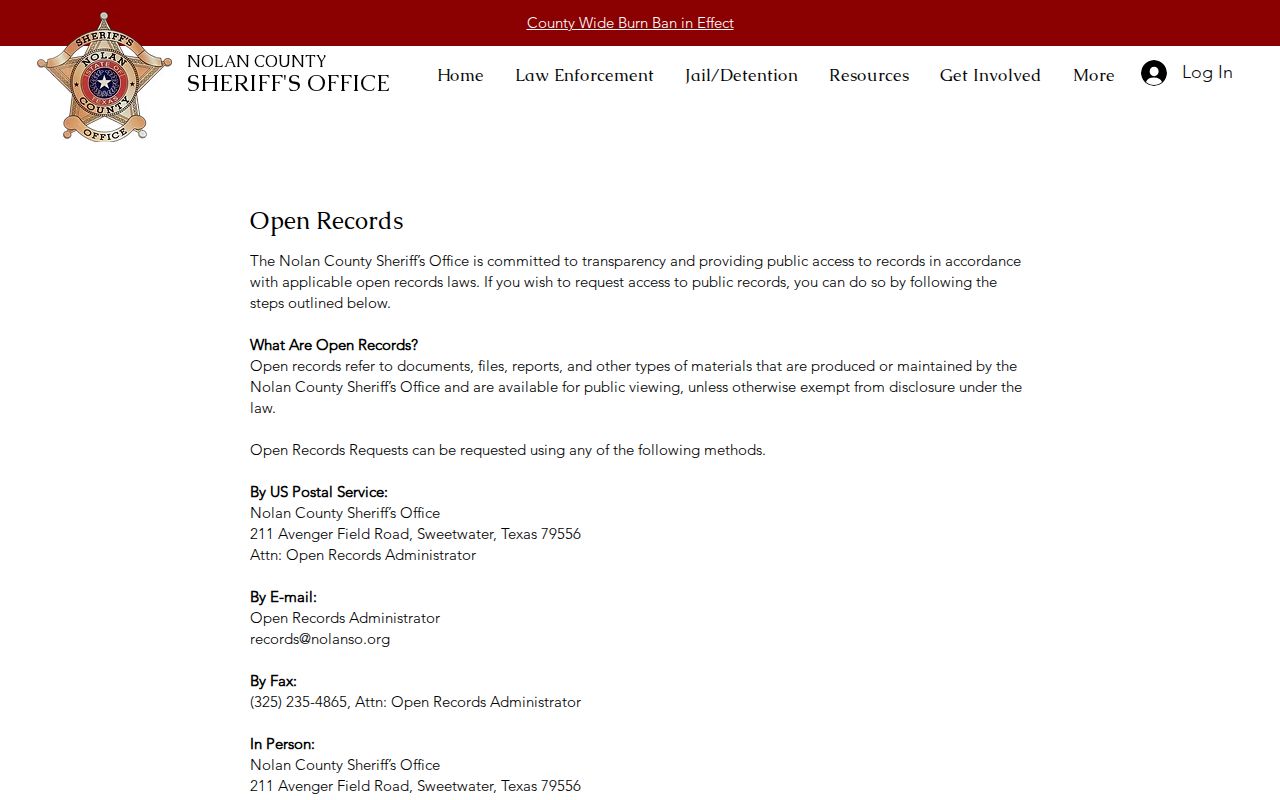 Nolan County booking records request source