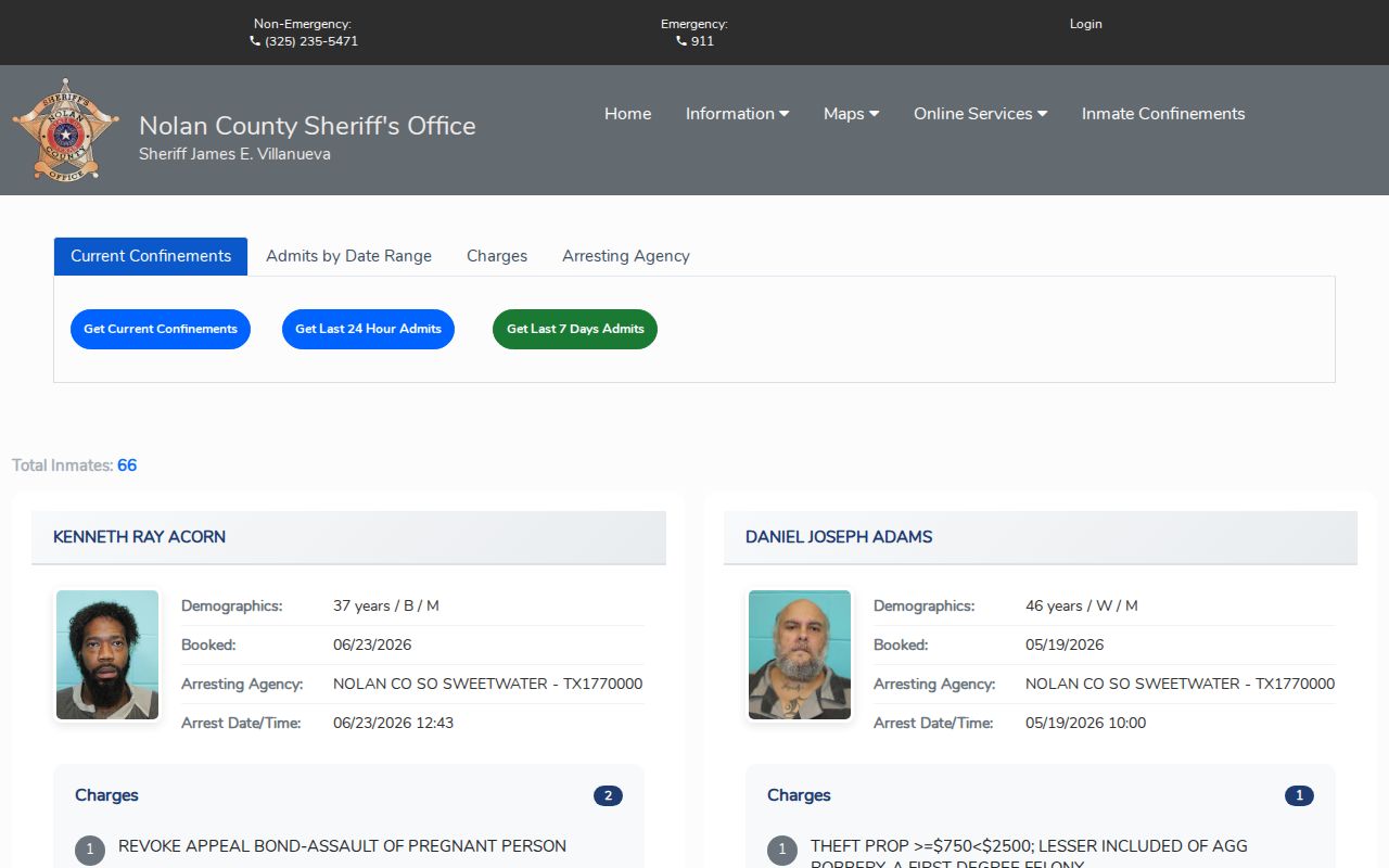 Nolan County jail roster booking search interface