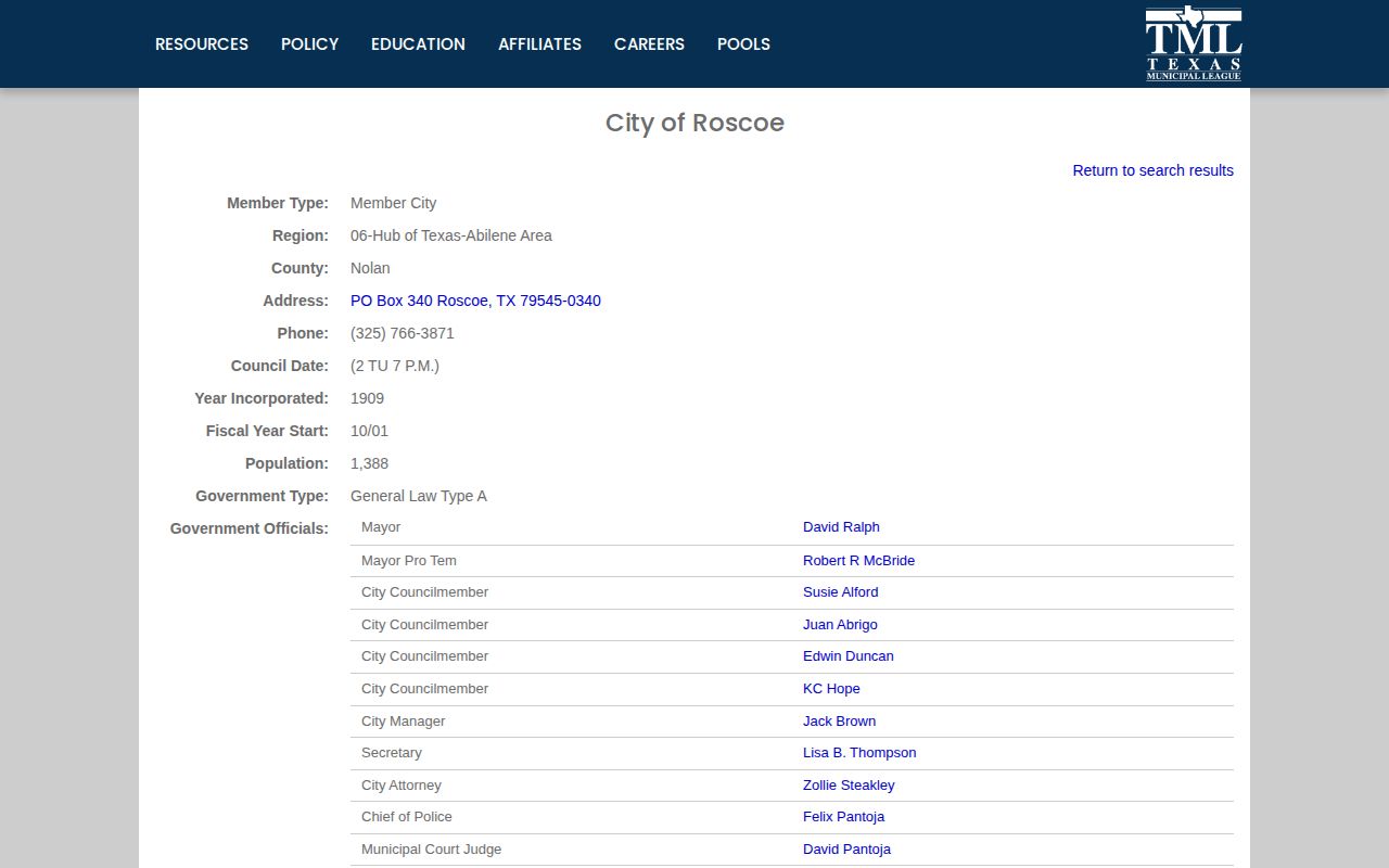 Roscoe police and city record contact directory