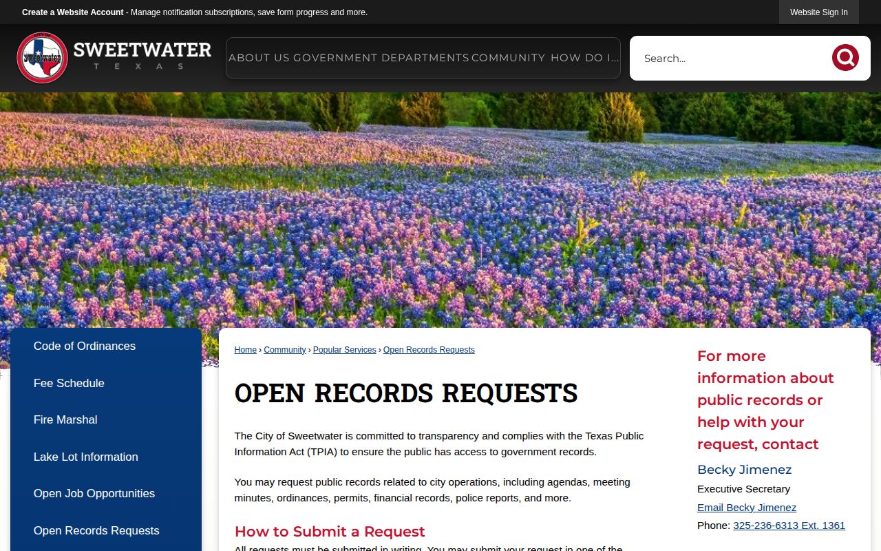 Sweetwater police record request information on the official open records page